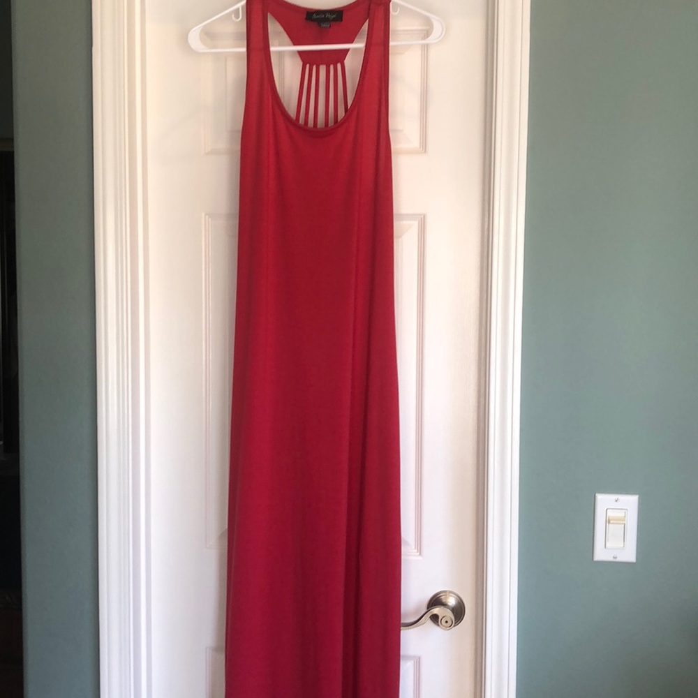 Floor length, red maxi dress